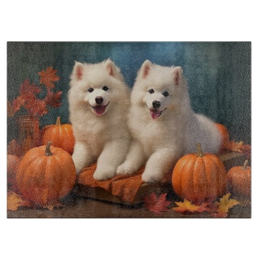 Samoyed Puppy Herfstpracht Pompoen  Snijplank (Voorkant)