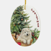 Samoyed puppy rieten mand kerst keramisch ornament (Voorkant)
