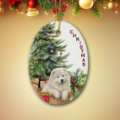 Samoyed puppy rieten mand kerst keramisch ornament