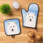 Samoyed Puppy Schilderij Wit Schattige Originele H Ovenwant & Pannenlap Set (Top down)