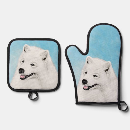 Samoyed Schilderen Wit Schattige Originele Pet Dog Ovenwant & Pannenlap Set (Voorkant)
