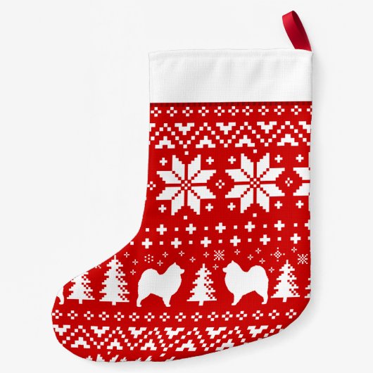 Samoyed Silhouettes Red en White Pattern Sammies Kleine Kerstsok (Achterkant)