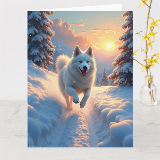 Samoyed Sneeuwige Bergavontuur Kerstmis Kaart (Gele Bloem)