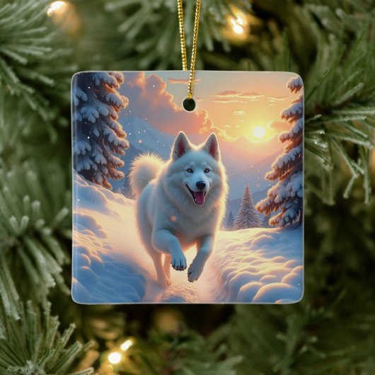 Samoyed Snowy Mountain Adventure Christmas Keramisch Ornament (Boom)