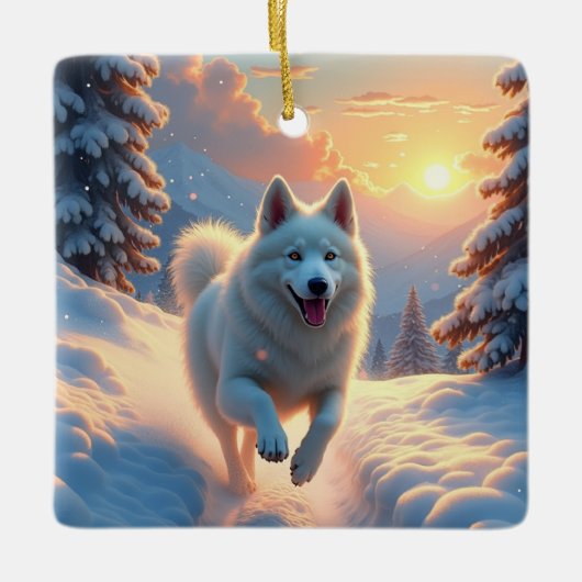 Samoyed Snowy Mountain Adventure Christmas Keramisch Ornament (Voorkant)