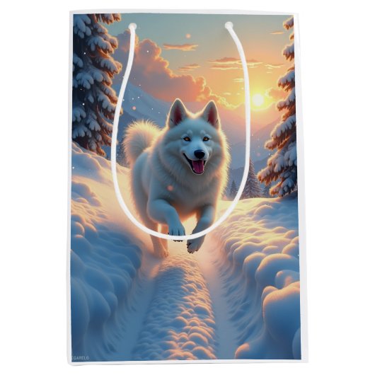 Samoyed Snowy Mountain Adventure Christmas Medium Cadeauzakje (Voorkant)