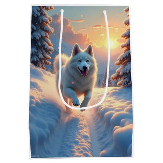 Samoyed Snowy Mountain Adventure Christmas Medium Cadeauzakje (Achterkant)