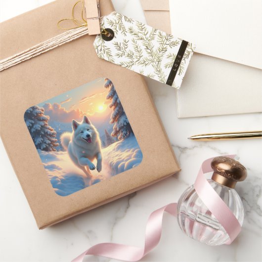Samoyed Snowy Mountain Adventure Christmas Vierkante Sticker (Geschenken)