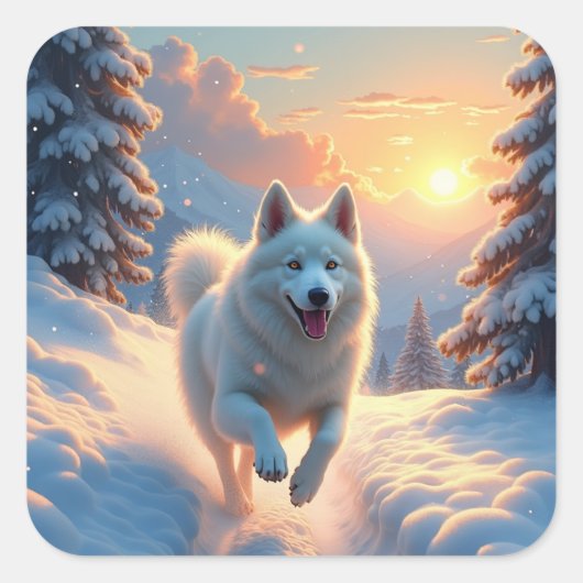 Samoyed Snowy Mountain Adventure Christmas Vierkante Sticker (Voorkant)