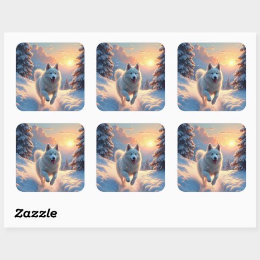 Samoyed Snowy Mountain Adventure Christmas Vierkante Sticker (Vel)