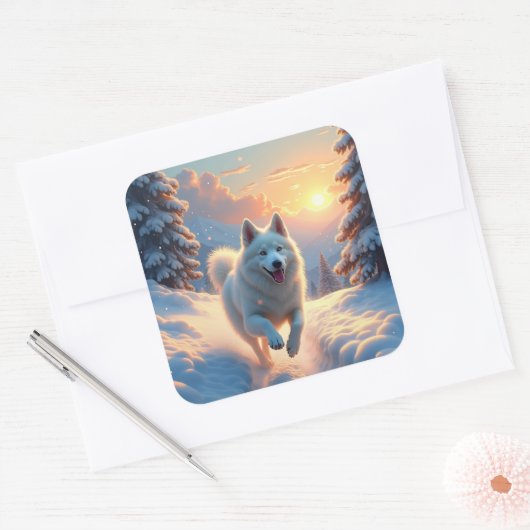 Samoyed Snowy Mountain Adventure Christmas Vierkante Sticker (Envelop)