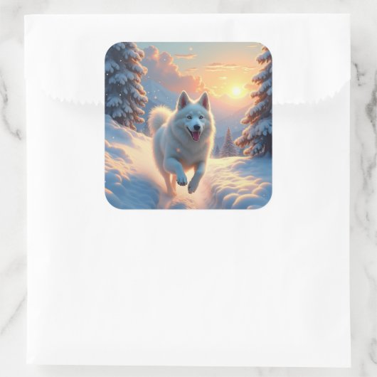 Samoyed Snowy Mountain Adventure Christmas Vierkante Sticker (Tas)