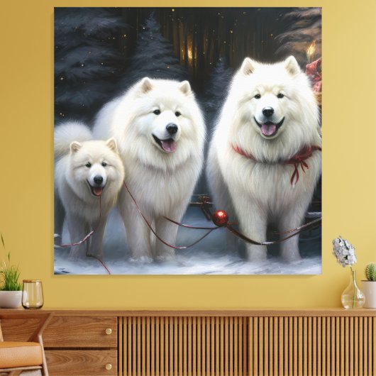 Samoyed Snowy Sleigh Kerstmisdecor Canvas Afdruk (Insitu (Woonkamer))