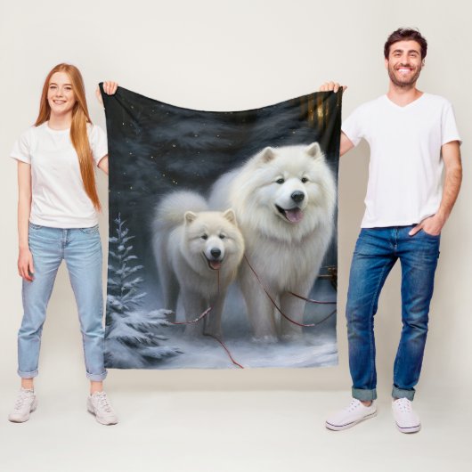 Samoyed Snowy Sleigh Kerstmisdecor Fleece Deken (In situ)