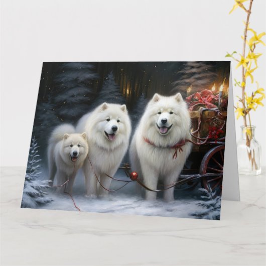 Samoyed Snowy Sleigh Kerstmisdecor Kaart (Gele Bloem)