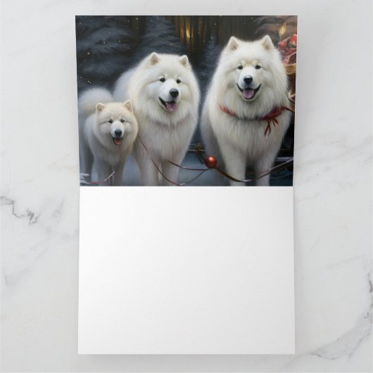 Samoyed Snowy Sleigh Kerstmisdecor Kaart (Binnen)