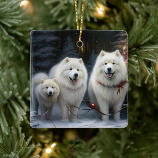 Samoyed Snowy Sleigh Kerstmisdecor Keramisch Ornament (Boom)