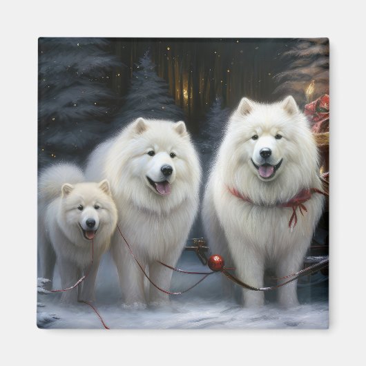 Samoyed Snowy Sleigh Kerstmisdecor Magneet (Voorkant)