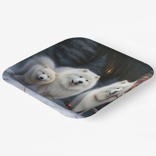 Samoyed Snowy Sleigh Kerstmisdecor Papieren Bordje (Gebogen)