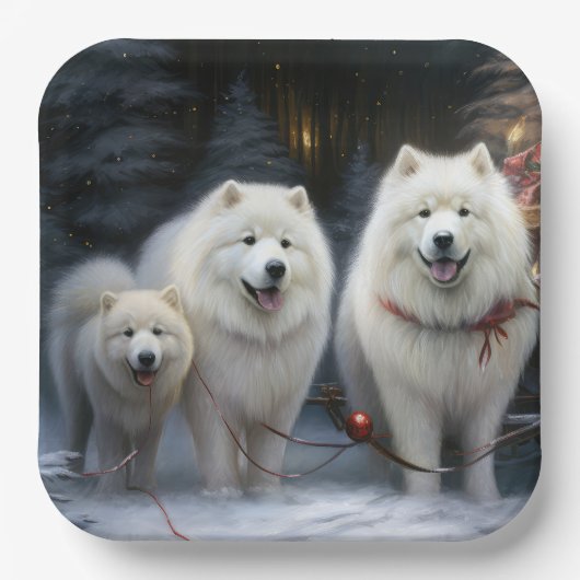 Samoyed Snowy Sleigh Kerstmisdecor Papieren Bordje (Voorkant)