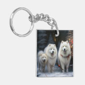 Samoyed Snowy Sleigh Kerstmisdecor Sleutelhanger (Voorkant Links)