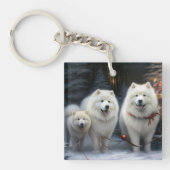 Samoyed Snowy Sleigh Kerstmisdecor Sleutelhanger (Voorkant)