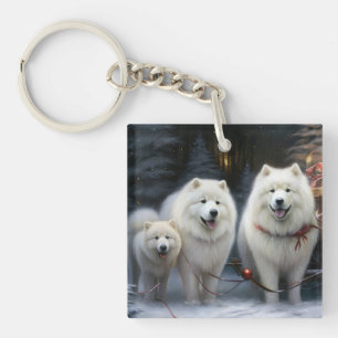 Samoyed Snowy Sleigh Kerstmisdecor Sleutelhanger