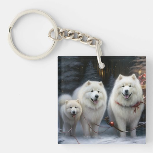 Samoyed Snowy Sleigh Kerstmisdecor Sleutelhanger (Voorkant)