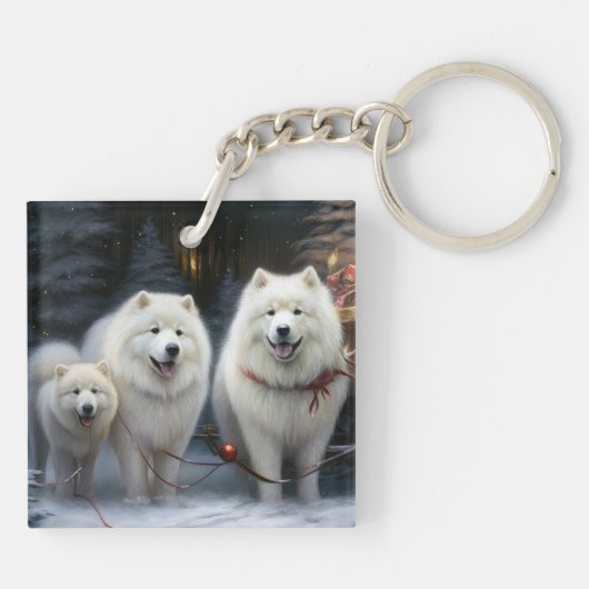Samoyed Snowy Sleigh Kerstmisdecor Sleutelhanger (Achterkant)