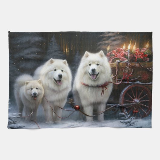 Samoyed Snowy Sleigh Kerstmisdecor Theedoek (Horizontaal)