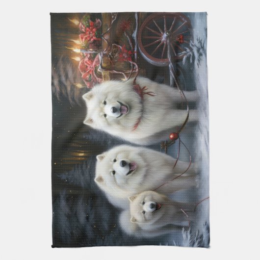 Samoyed Snowy Sleigh Kerstmisdecor Theedoek (Verticaal)