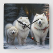 Samoyed Snowy Sleigh Kerstmisdecor Vierkante Klok (Voorkant)