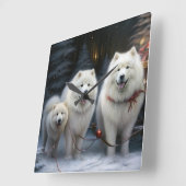 Samoyed Snowy Sleigh Kerstmisdecor Vierkante Klok (Hoek)