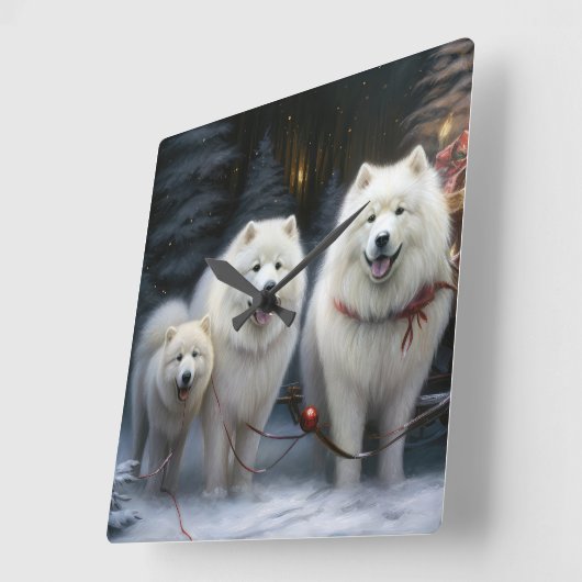 Samoyed Snowy Sleigh Kerstmisdecor Vierkante Klok (Hoek)