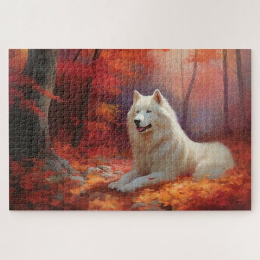 Samoyed tussen herfstbladeren inspireert legpuzzel (Horizontaal)