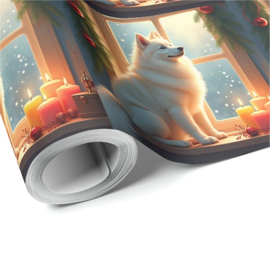Samoyed Under the Mistletoe Christmas Painting Cadeaupapier (Rol Hoek)