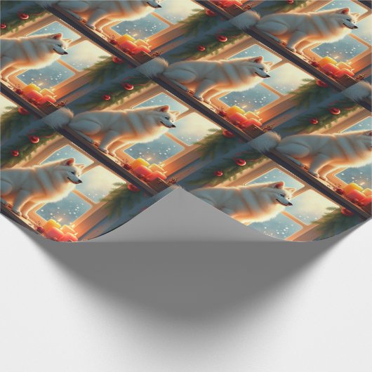 Samoyed Under the Mistletoe Christmas Painting Cadeaupapier (Hoek)