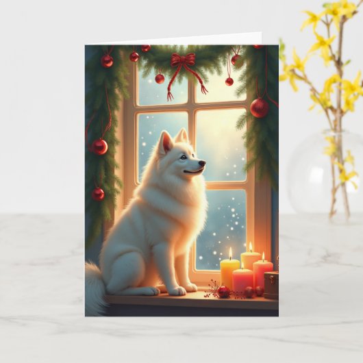 Samoyed Under the Mistletoe Christmas Painting Kaart (Gele Bloem)