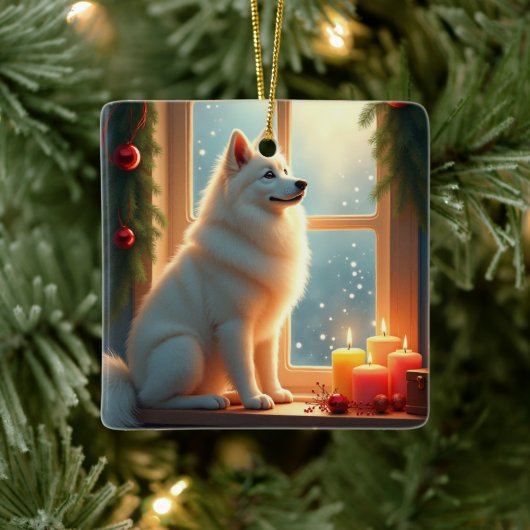 Samoyed Under the Mistletoe Christmas Painting Keramisch Ornament (Boom)