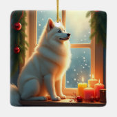 Samoyed Under the Mistletoe Christmas Painting Keramisch Ornament (Achterkant)