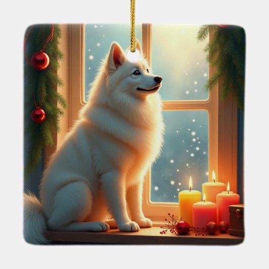 Samoyed Under the Mistletoe Christmas Painting Keramisch Ornament (Achterkant)