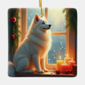 Samoyed Under the Mistletoe Christmas Painting Keramisch Ornament (Voorkant)