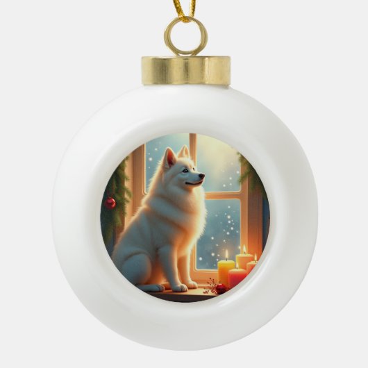 Samoyed Under the Mistletoe Christmas Painting Keramische Bal Ornament (Voorkant)