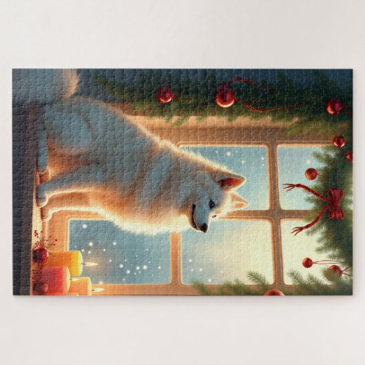 Samoyed Under the Mistletoe Christmas Painting Legpuzzel (Horizontaal)