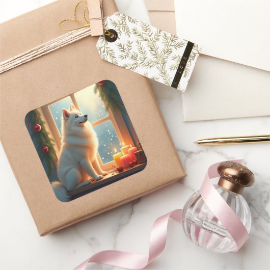 Samoyed Under the Mistletoe Christmas Painting Vierkante Sticker (Geschenken)