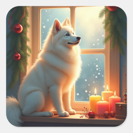 Samoyed Under the Mistletoe Christmas Painting Vierkante Sticker (Voorkant)