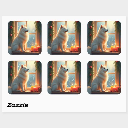 Samoyed Under the Mistletoe Christmas Painting Vierkante Sticker (Vel)