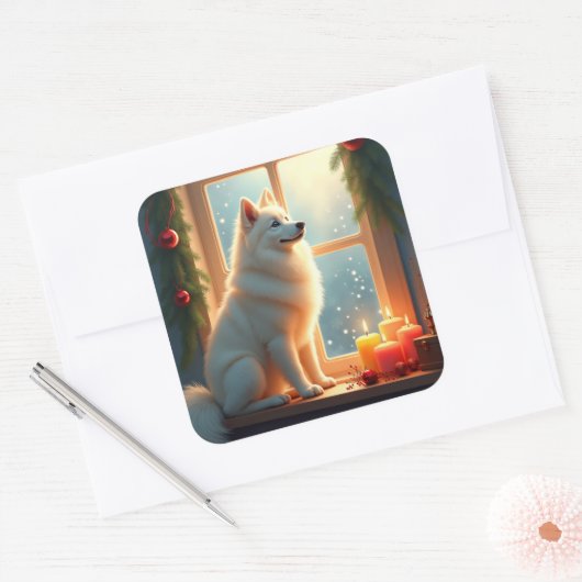 Samoyed Under the Mistletoe Christmas Painting Vierkante Sticker (Envelop)