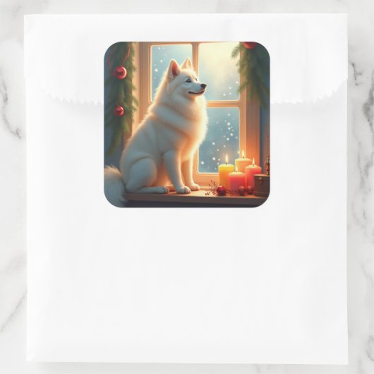 Samoyed Under the Mistletoe Christmas Painting Vierkante Sticker (Tas)