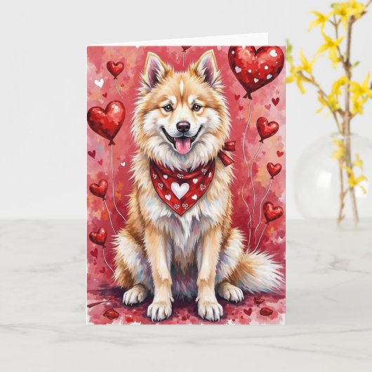 Samoyed Valentijnsdag Hond met Hartjes Rood Kaart (Gele Bloem)